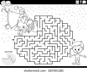 Black and White Cartoon Illustration of Educational Maze Puzzle Game for Children with Santa Claus with Christmas Presents Coloring Book Page