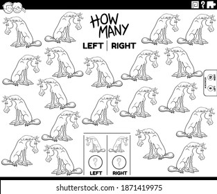Black and white cartoon illustration of educational task of counting left and right oriented pictures of horse farm animal character coloring book page