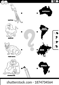 Dibujo de caricatura en blanco y negro de un juego de correspondencia educativo para niños con personajes de especies animales y páginas de libros de coloración continentales