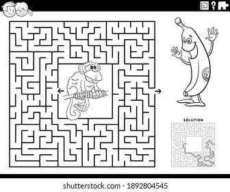 Black and White cartoon illustration of educational maze puzzle game for children with funny monkey and banana Coloring Book Page