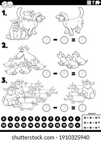 Black And White Cartoon Illustration Of Educational Mathematical Subtraction Puzzle Task For Children With Dog Characters Coloring Book Page