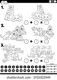 Black and White cartoon illustration of educational mathematical addition puzzle task with funny dog characters coloring book page