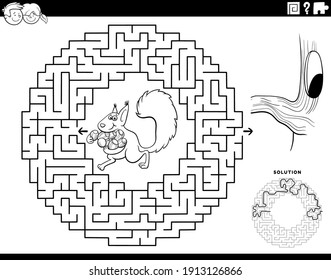 Black And White Cartoon Illustration Of Educational Maze Puzzle Game For Children With Squirrel Animal Character With Accorns And Hollow Coloring Book Page