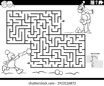 Black and white cartoon illustration of educational maze puzzle game for children with boy and his dad on winter time coloring book page