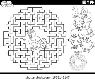 Black and white cartoon illustration of educational maze puzzle game for children with little chick hatched from Easter egg coloring book page