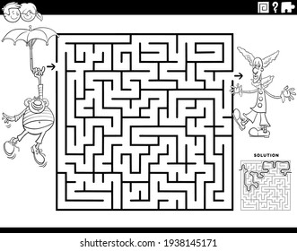 Black and white cartoon illustration of educational maze puzzle game for children with funny clowns characters coloring book page