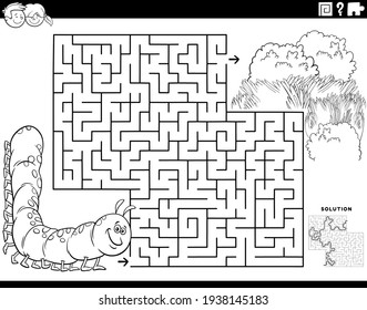 Black and white cartoon illustration of educational maze puzzle game for children with caterpillar character and green meadow coloring book page