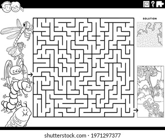 Black and white cartoon illustration of educational maze puzzle game for children with insects characters and meadow coloring book page