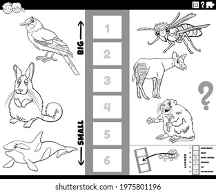 Black and white cartoon illustration of educational game of finding the biggest and the smallest animal species with comic characters for kids coloring book page