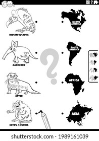 Black and white cartoon illustration of educational matching game for children with animal species characters and continents coloring book page