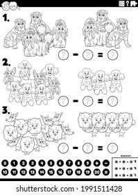 Black and white cartoon illustration of educational mathematical subtraction puzzle task for children with purebred dogs animals characters coloring book page