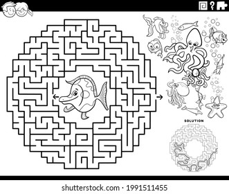 Black and white cartoon illustration of educational maze puzzle game for children with funny fish and sea animals characters coloring book page