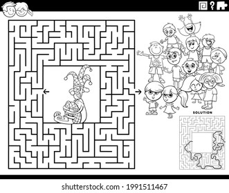 Black and white cartoon illustration of educational maze puzzle game with clown and children characters coloring book page