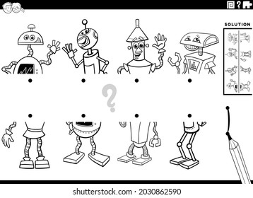 Black and white cartoon illustration of educational game of matching halves of pictures with comic robot characters coloring book page