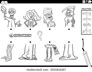 Black and white cartoon illustration of educational game of matching halves of pictures with comic Halloween characters coloring book page