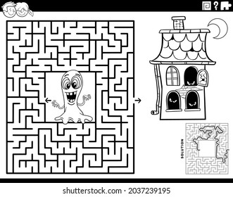 Black   white cartoon illustration educational maze puzzle game and ghost   haunted house characters coloring book page