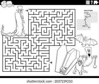 Black and white cartoon illustration of educational maze puzzle game with vampire and Halloween characters coloring book page