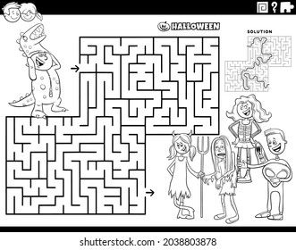 Black and white cartoon illustration of educational maze puzzle game with children at the Halloween party coloring book page