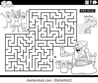Black and white cartoon illustration of educational maze puzzle game with Santa Claus giving children Christmas presents coloring book page