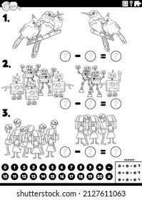 Black And White Cartoon Illustration Of Educational Mathematical Subtraction Puzzle Game With Comic Characters Coloring Book Page