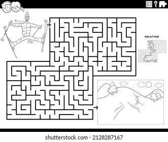 Black And White Cartoon Illustration Of Educational Maze Puzzle Game For Children With Man Skiing On Winter Time Coloring Book Page