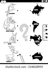 Black and white cartoon illustration of educational matching task with animal species characters and continents coloring book page