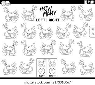 Black and white cartoon illustration of educational task of counting left and right oriented pictures of comic dog making pancakes coloring page