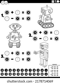 Black And White Cartoon Illustration Of Educational Mathematical Addition And Subtraction Puzzle Task With Comic Robot Characters Coloring Page