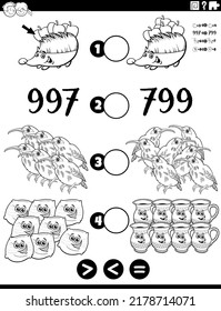 Black and white cartoon illustration of educational mathematical puzzle game of greater than, less than or equal to for children with objects and animal characters and numbers coloring page