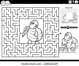 Black and white cartoon illustration of educational maze puzzle game for children with comic turtle pupil going to school coloring page