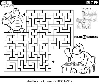 Black and white cartoon illustration of educational maze puzzle game for children with turtle pupil going to school coloring page