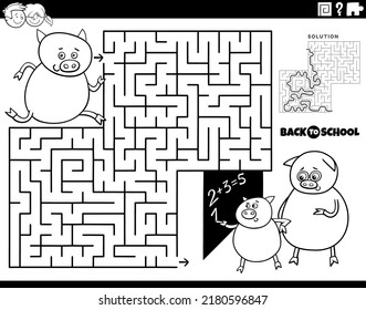 Black and white cartoon illustration of educational maze puzzle game for children with piglet pupil running to school coloring book page