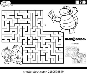 Black and white cartoon illustration of educational maze puzzle game for children with turtle pupil studying for a geography test coloring page