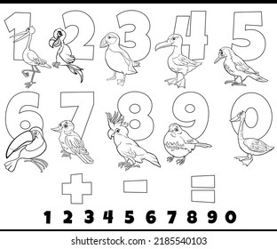 Black and white cartoon illustration of educational numbers set from one to nine with funny birds animal characters coloring page