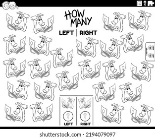 Black and white cartoon illustration of educational task of counting left and right oriented pictures of comic dog playing playing on the computer coloring page