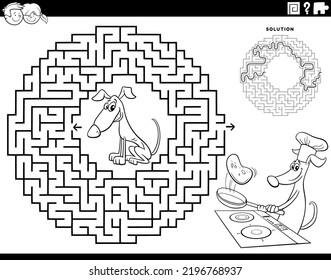 Black and white cartoon illustration of educational maze puzzle game for children with dog making pancakes coloring page