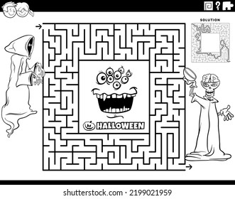 Black and white cartoon illustration of educational maze puzzle game with ghost or skeleton and monster on Halloween time coloring page