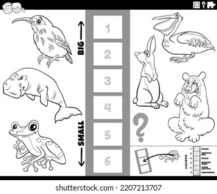 Black and white cartoon illustration of educational game of finding the biggest and the smallest animal species with comic characters coloring page