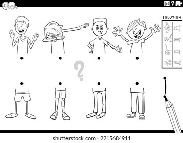 Black and white cartoon illustration of educational game of matching halves of pictures with comic teen boys characters coloring page
