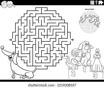 Black and white cartoon illustration of educational maze puzzle game for children with dachshund dog and the dog show coloring page