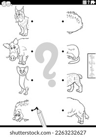 Black and white cartoon illustration of educational task of matching halves of pictures with wild animals characters coloring book page