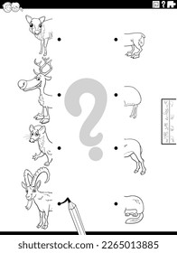 Black and white cartoon illustration of educational game of matching halves of pictures with funny wild animals characters coloring page