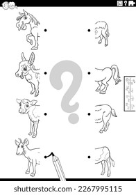 Black and white cartoon illustration of educational game of matching halves of pictures with funny wild animals characters coloring page