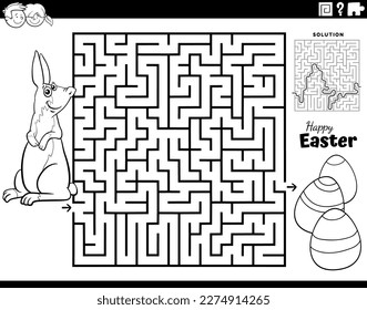 Black and white cartoon illustration of educational maze puzzle game for children with Easter Bunny and Easter eggs coloring page