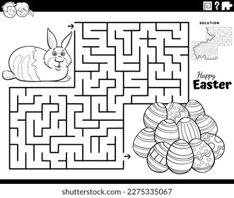 Black and white cartoon illustration of educational maze puzzle game for children with Easter Bunny with Easter eggs coloring page