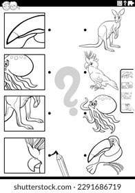 Black and white cartoon illustration of educational matching activity with animal characters and pictures clippings coloring page