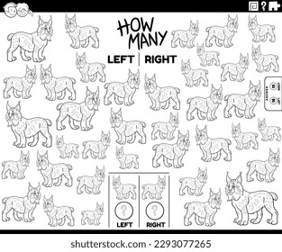 Black and white cartoon illustration of educational game of counting left and right oriented pictures of lynx wild animal character coloring page