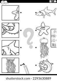 Black and white cartoon illustration of educational matching game with marine animal characters and pictures clippings coloring page