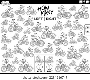 Black and white cartoon illustration of educational game of counting left and right oriented pictures of a boy character riding a bicycle coloring page