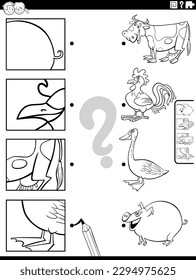 Black and white cartoon illustration of educational matching game with farm animal characters and pictures clippings coloring page